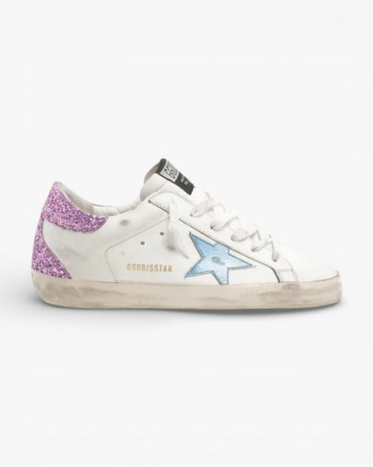 Golden Goose Super-Star Sneakers with Lavender Glitter Heel Tab