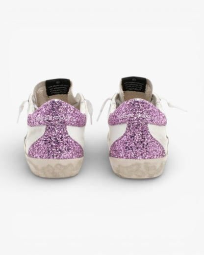 Golden Goose Super-Star Sneakers with Lavender Glitter Heel Tab