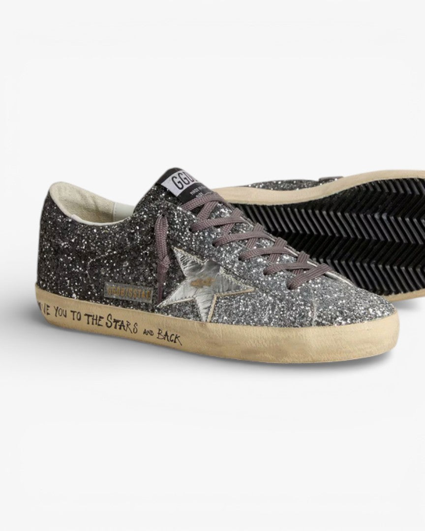 Golden Goose Women’s Super-Star Glitter Upper Silver Metallic Leather Star