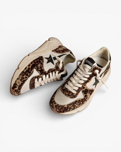 Golden Goose Running Sole Sneakers Cream Mesh Leopard-Print Pony Skin Black Leather Star