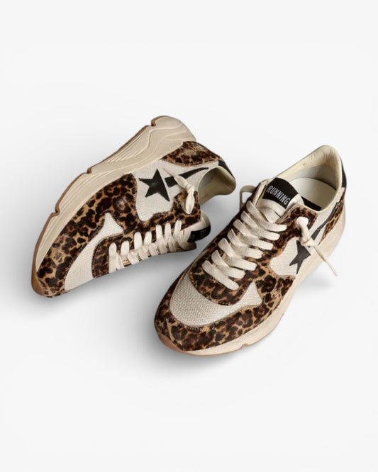 Golden Goose Running Sole Sneakers Cream Mesh Leopard-Print Pony Skin Black Leather Star