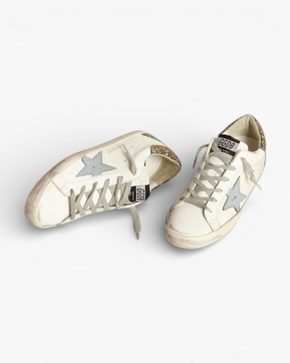 Golden Goose Super‑Star Sneakers Light Blue Star Gold Glitter Croc Heel