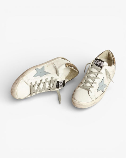 Golden Goose Super‑Star Sneakers Light Blue Star Gold Glitter Croc Heel