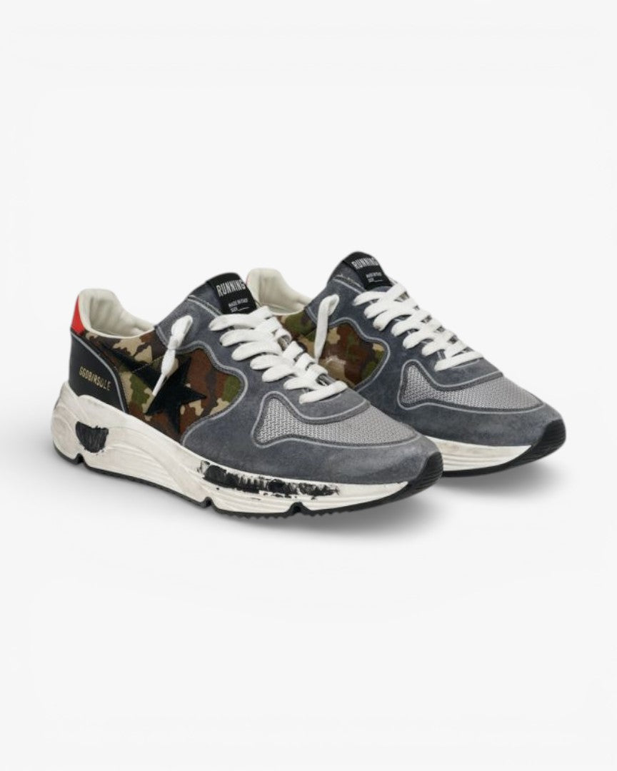 Golden Goose Camouflage Running Sole Sneakers Textured Nylon Red Heel Tab