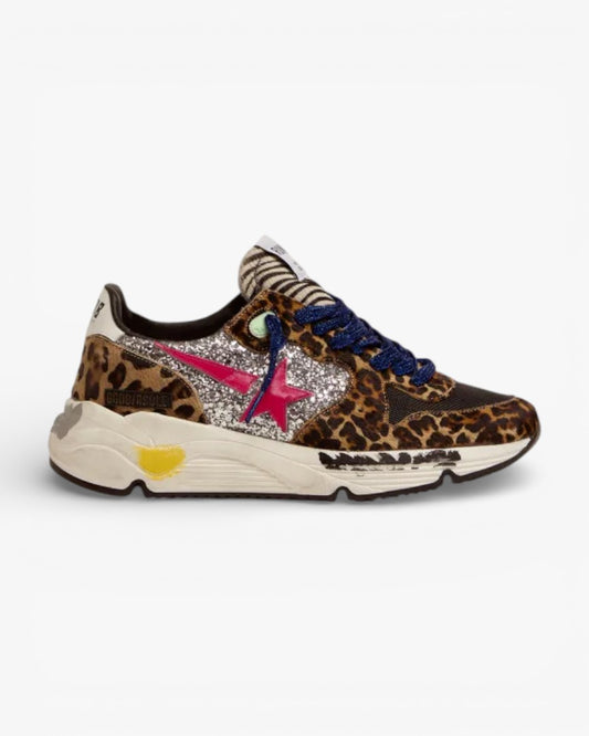 Golden Goose Running Sole Sneakers Leopard-Print Pony Skin Glitter Inserts