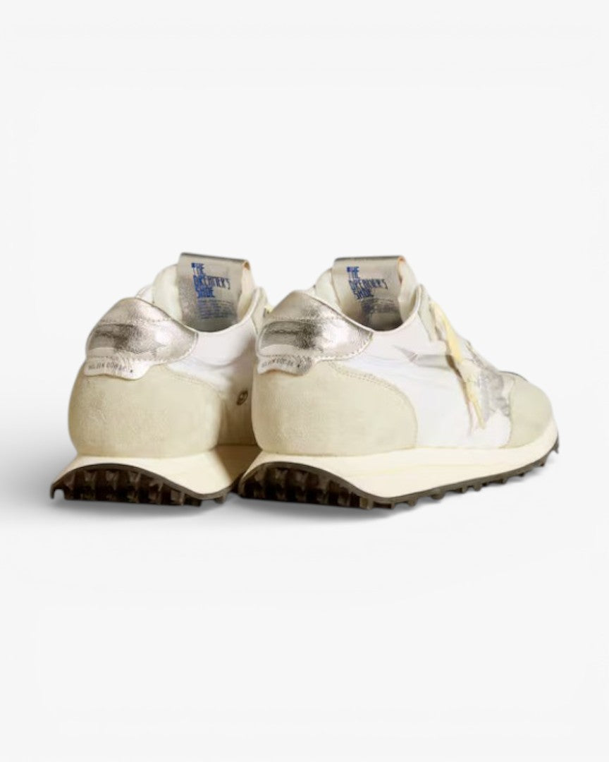 Golden Goose Marathon White Nylon and Silver Star Sneakers