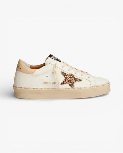 Golden Goose Hi-Star Sneakers Gold Glitter Star Beige Leather Heel Tab