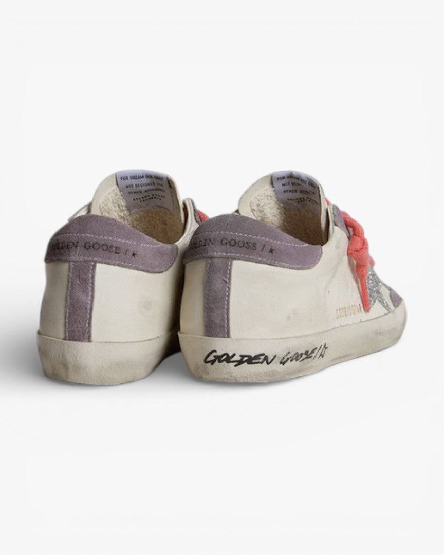 Golden Goose Women’s Super-Star Silver Glitter Star Lilac Suede Heel Tab