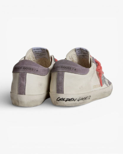 Golden Goose Women’s Super-Star Silver Glitter Star Lilac Suede Heel Tab