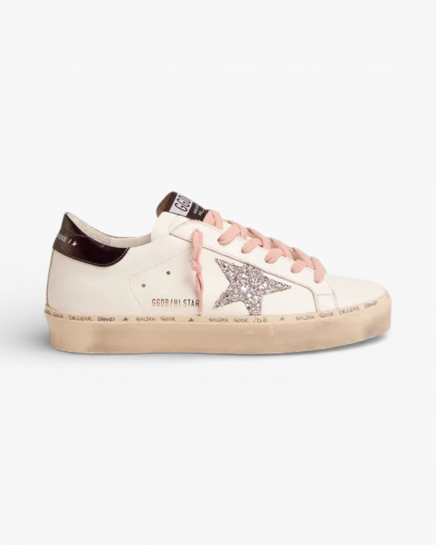 Golden Goose White Hi-Star Sneakers with Glittery Star and Pink Laces