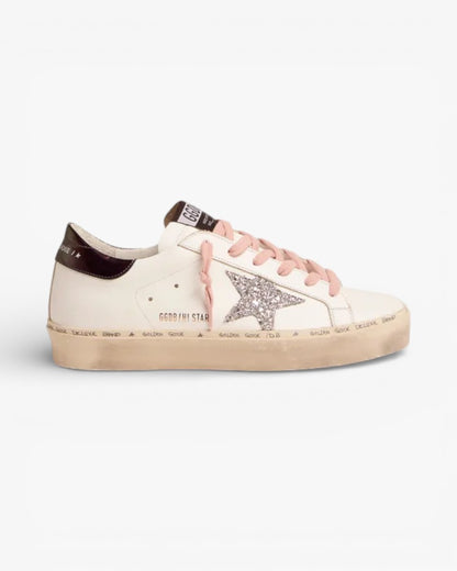 Golden Goose White Hi-Star Sneakers with Glittery Star and Pink Laces