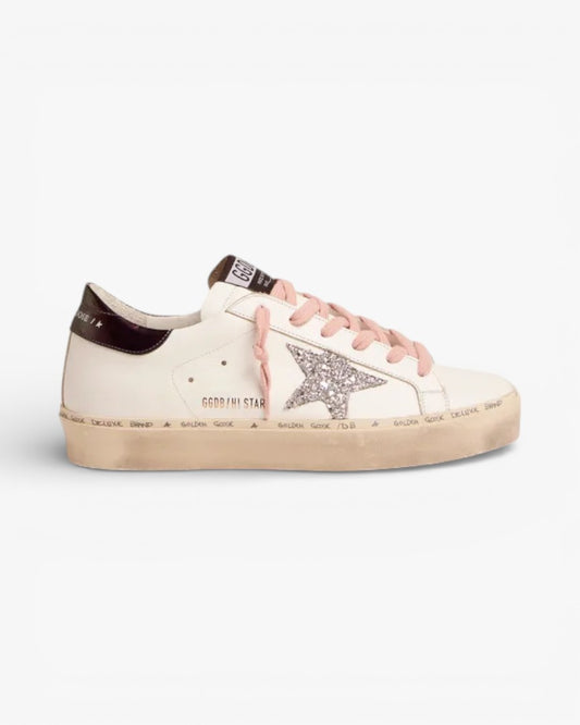 Golden Goose White Hi-Star Sneakers with Glittery Star and Pink Laces