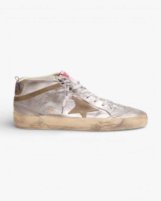 Golden Goose Mid Star Sneakers Silver Metallic Leather Dove-Gray Suede Star Flash