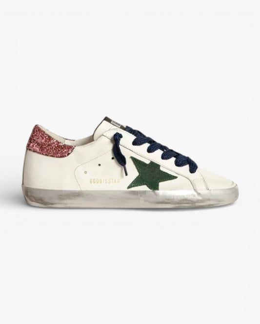 Golden Goose Super‑Star Sneakers Green Suede Star Pink Glitter Heel