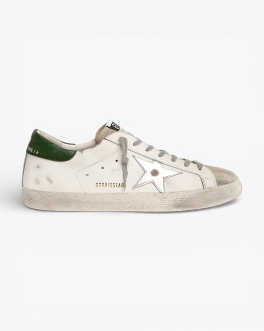 Golden Goose Super-Star Sneakers with Green Leather Heel Tab and Silver Leather Star