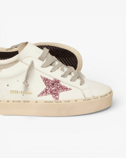 Golden Goose Hi-Star Sneakers Silver Laminated Leather Heel Tab Pink Glitter Star