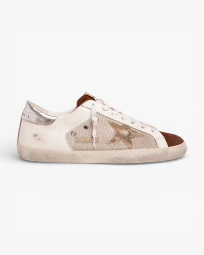 Golden Goose Super-Star White Sneakers with Silver Mesh