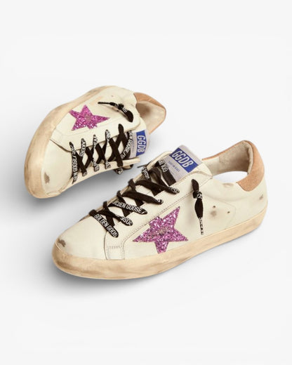 Golden Goose Super-Star White Sneakers with Lavender Glitter Star