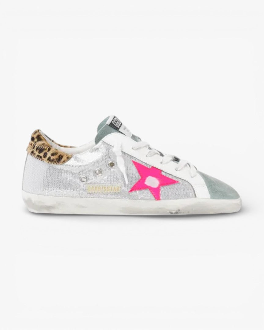 Golden Goose Super-Star Sneakers with Sequins and Leopard Heel Tab