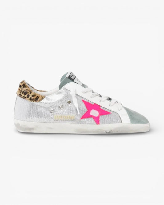 Golden Goose Super-Star Sneakers with Sequins and Leopard Heel Tab