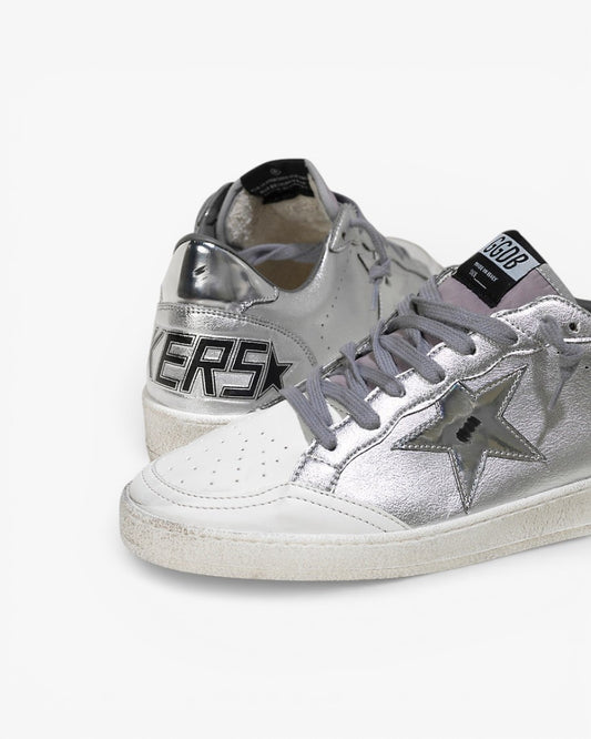 Golden Goose Ball Star White Leather Sneakers Silver Leather Star Silver Mirror Heel Tab