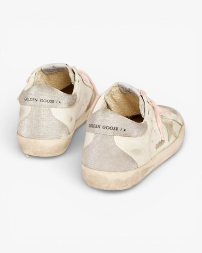 Golden Goose Super-Star Sneakers with Silver Glitter Tongue and Checkered Heel Tab