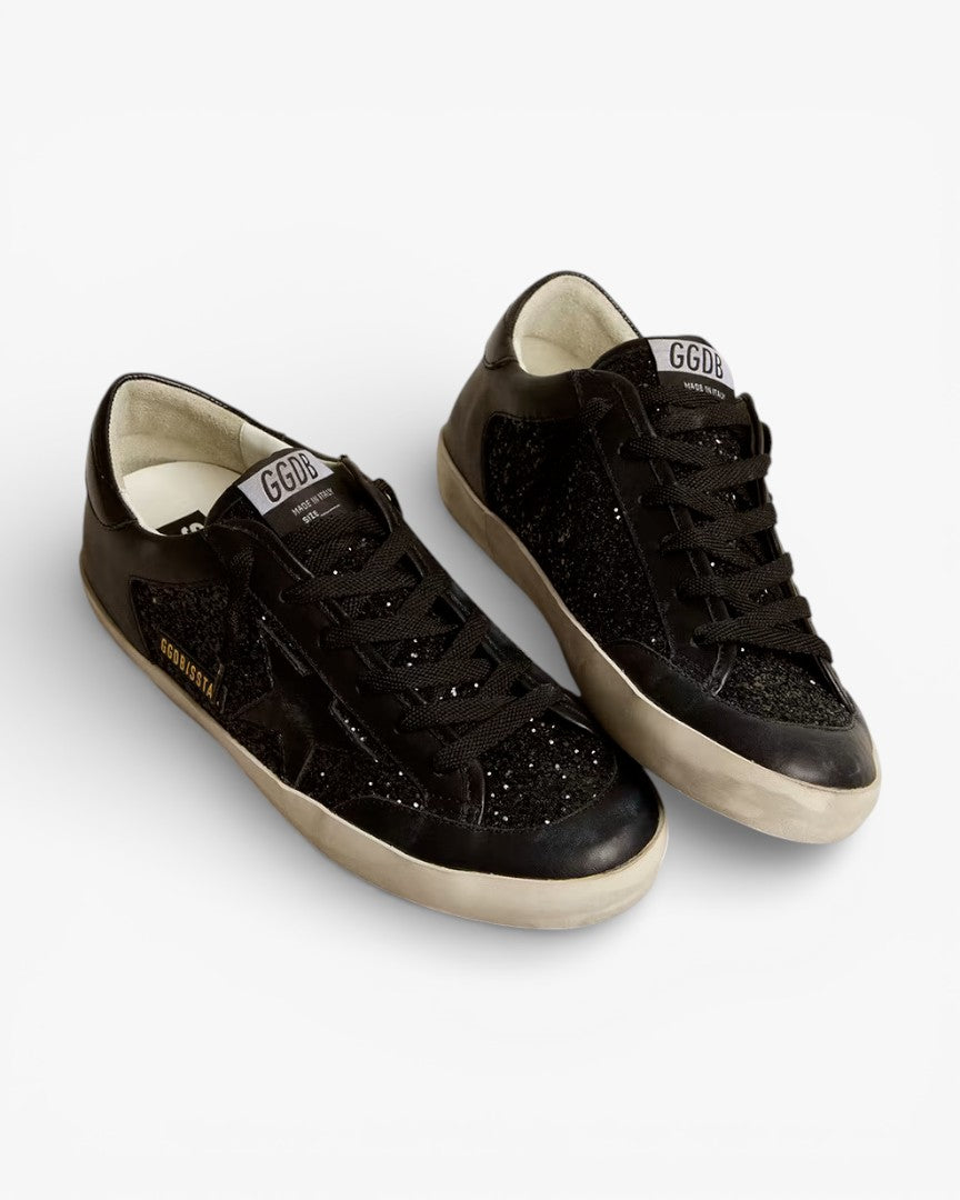 Golden Goose Women’s Super-Star Black Nappa Glitter Glossy Black Leather Star