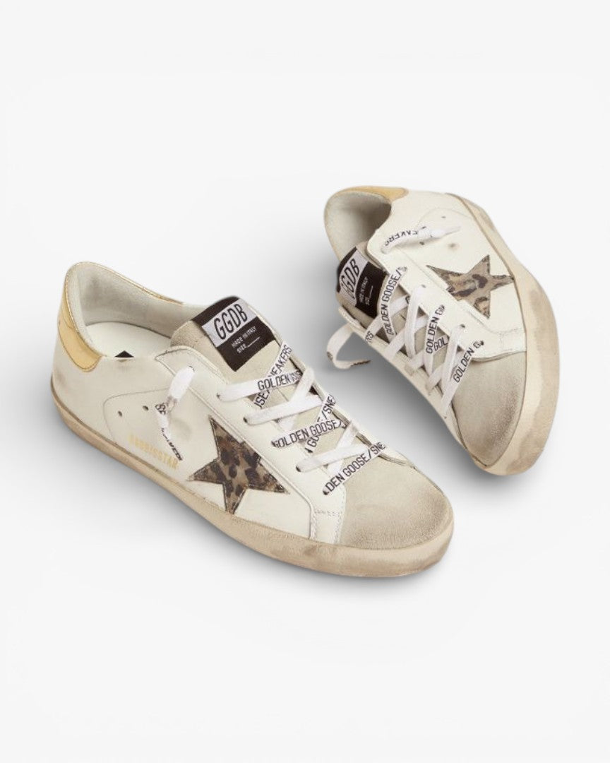 Golden Goose Super-Star White Sneakers with Leopard Star