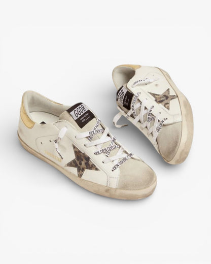 Golden Goose Super-Star White Sneakers with Leopard Star