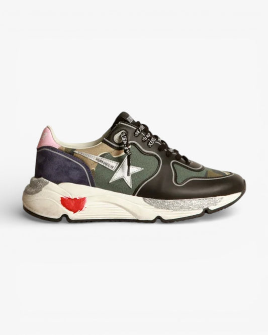 Running Sole sneakers in camouflage canvas with silver laminated leather star and baby-pink leather