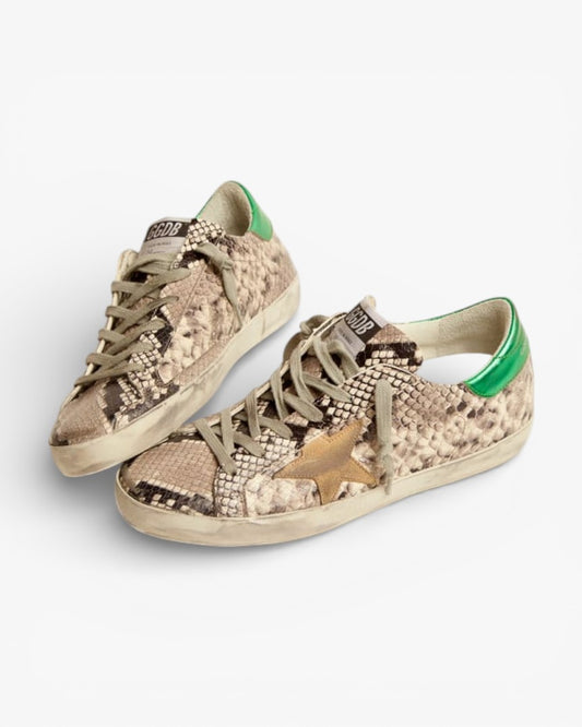 Golden Goose Super‑Star LTD Sneakers Snake‑Print Leather Green Heel