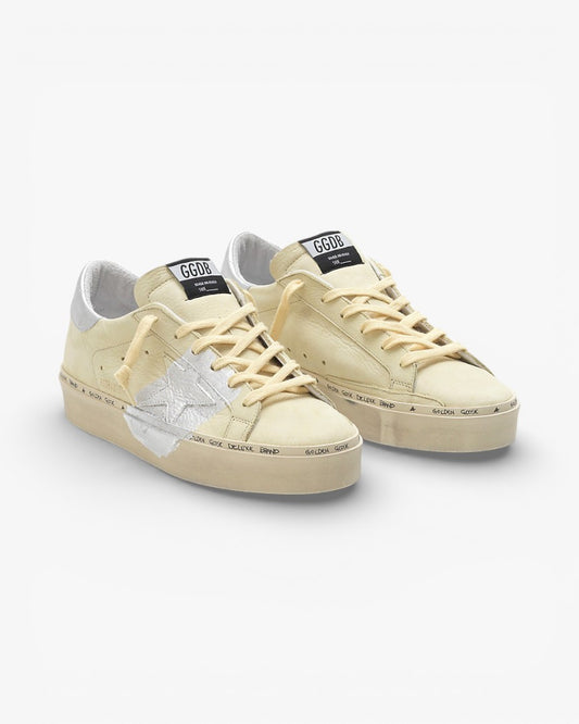 Golden Goose Hi-Star Sneakers G34WS945.C5 Lemon Nabuk Leather Real Silver Leaf Handwritten Branding