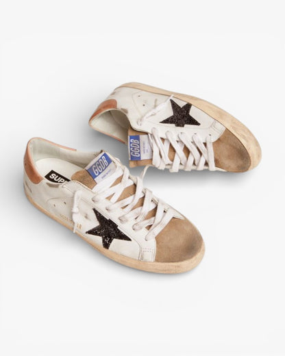 Golden Goose Super-Star Sneakers with Black Glitter Star and Old-Rose Heel Tab