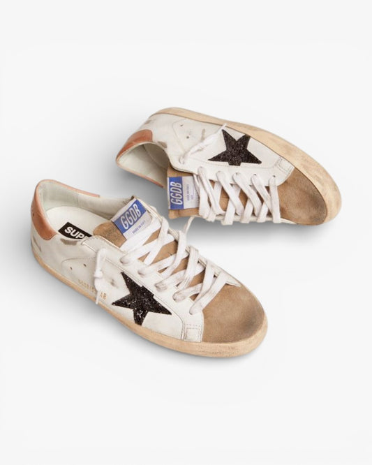 Golden Goose Super-Star Sneakers with Black Glitter Star and Old-Rose Heel Tab