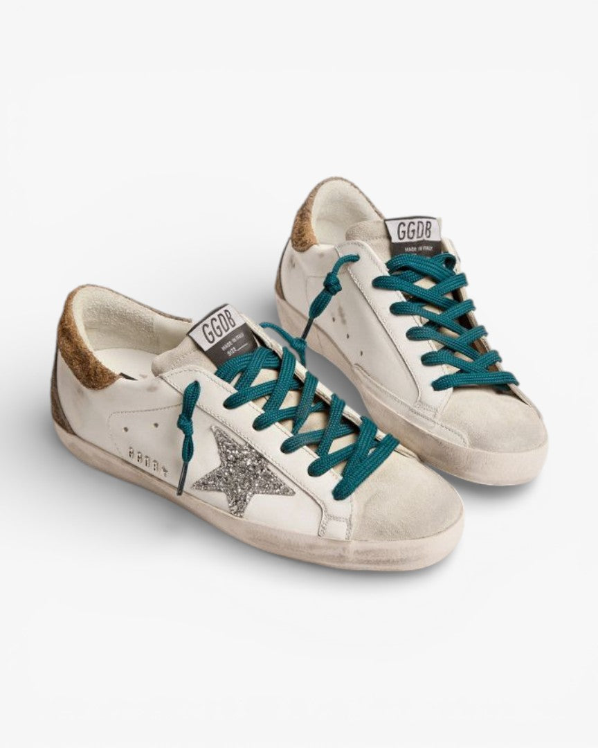 Golden Goose Super‑Star Sneakers Silver Glitter Star Leopard Suede Heel