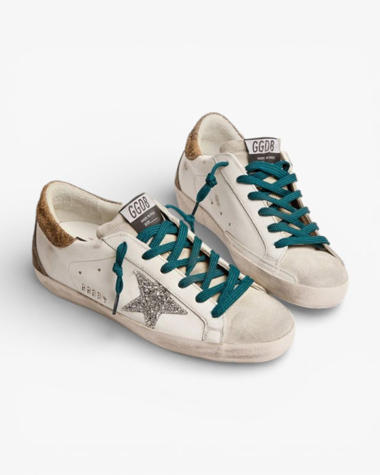 Golden Goose Super‑Star Sneakers Silver Glitter Star Leopard Suede Heel