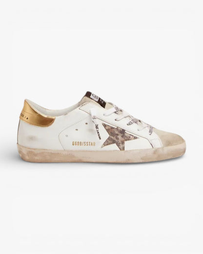 Golden Goose Super-Star White Sneakers with Leopard Star