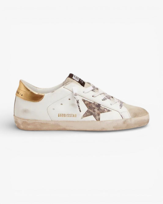 Golden Goose Super-Star White Sneakers with Leopard Star