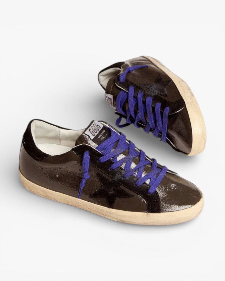 Golden Goose Super-Star Gray Patent Leather Sneakers with Black Suede Inserts