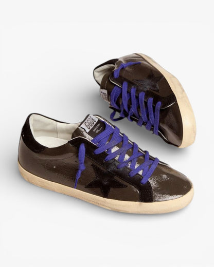 Golden Goose Super-Star Gray Patent Leather Sneakers with Black Suede Inserts
