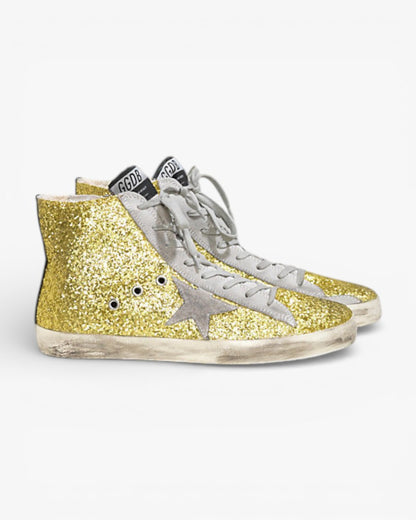 Golden Goose FRANCY Sneakers Pelle Splamata All Over Glitter Stella Camoscio Lime Glitter