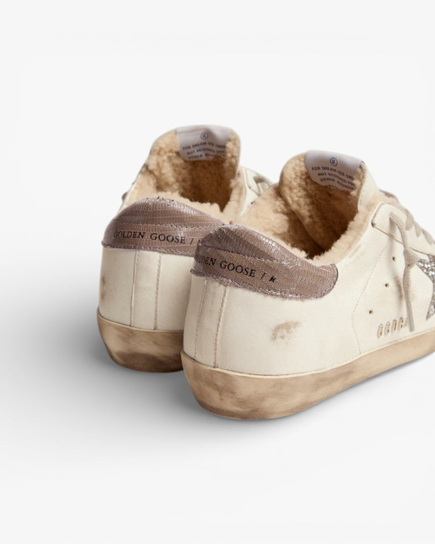 Golden Goose Super‑Star Sneakers Shearling Silver Glitter Star Lizard Heel