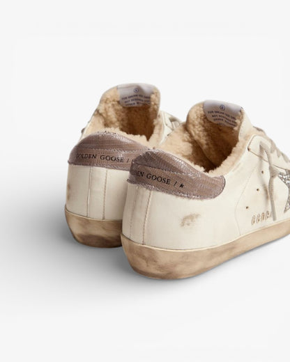 Golden Goose Super‑Star Sneakers Shearling Silver Glitter Star Lizard Heel