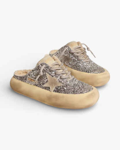 Golden Goose Space Star Silver Glitter Shearling Sneakers