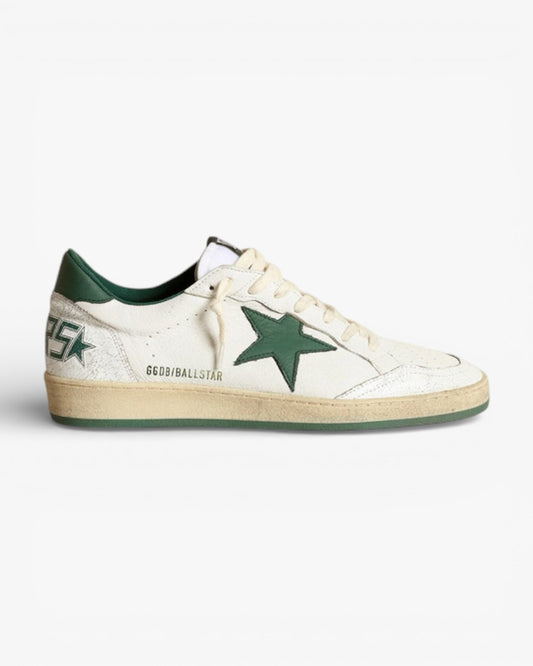 Golden Goose Ball Star White Leather Sneakers with Green Star