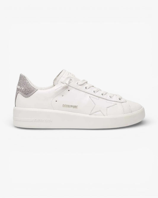 Golden Goose Purestar White Leather Sneakers Silver Glitter Heel