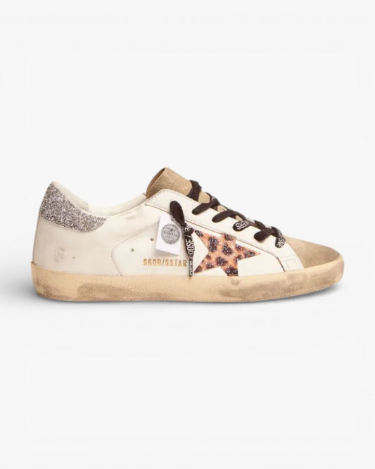 Golden Goose Super‑Star LTD Sneakers Leopard Print Crystal Star Silver Crystal Heel