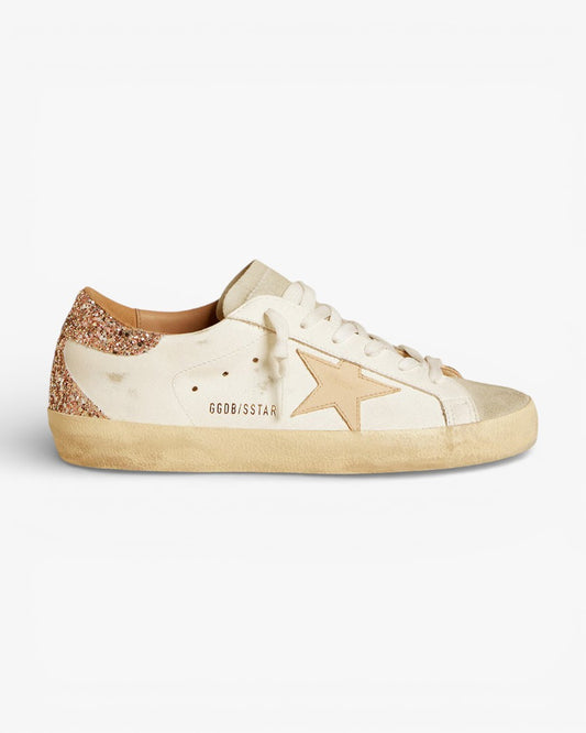 Golden Goose Women’s Super-Star Nude Leather Star Gold Glitter Heel Tab