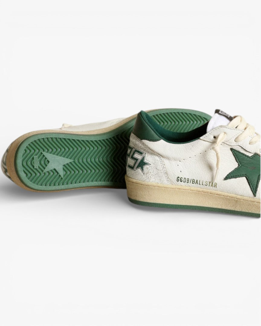Golden Goose Ball Star White Leather Sneakers with Green Star