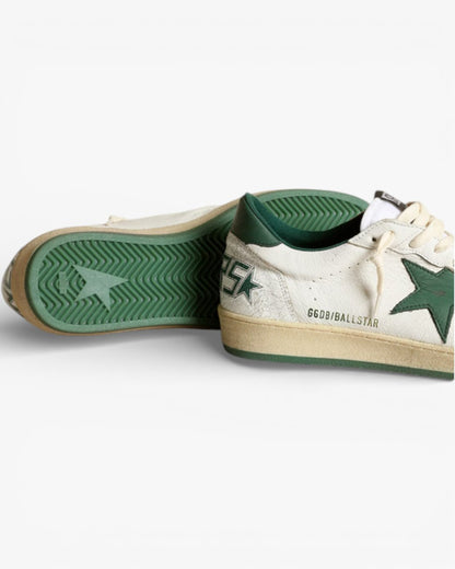 Golden Goose Ball Star White Leather Sneakers with Green Star